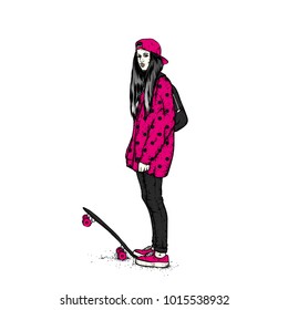 Stylish skater in jeans and sneakers. Skateboard. Vector illustration for a postcard or a poster, print for clothes. Street cultures.