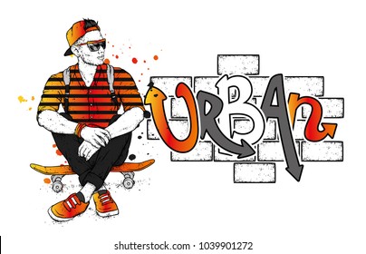 Stylish skater in jeans and sneakers. Skateboard. Vector illustration for a postcard or a poster, print for clothes. Street cultures.