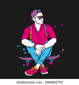 Stylish skater in jeans and sneakers. Skateboard. Vector illustration for a postcard or a poster, print for clothes. Street cultures.