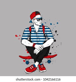 Stylish skater in jeans and sneakers. Skateboard. Vector illustration for a postcard or a poster, print for clothes. Street cultures.