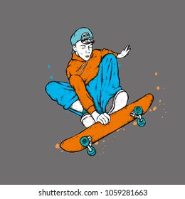 Stylish skater in jeans and sneakers. Skateboard. Vector illustration for a postcard or a poster, print for clothes. Street cultures.