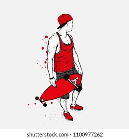 Stylish skater in jeans and sneakers. Skateboard. Vector illustration for a postcard or a poster, print for clothes. Street cultures.