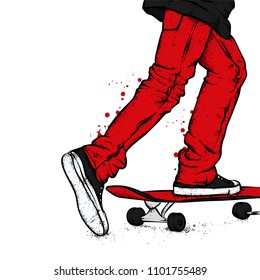 Stylish skater in jeans and sneakers. Skateboard. Vector illustration for a postcard or a poster, print for clothes. Street cultures.