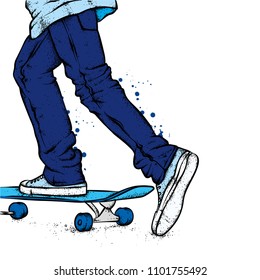 Stylish skater in jeans and sneakers. Skateboard. Vector illustration for a postcard or a poster, print for clothes. Street cultures.