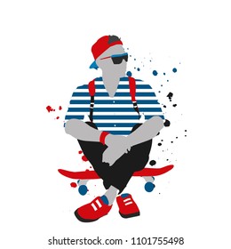 Stylish skater in jeans and sneakers. Skateboard. Vector illustration for a postcard or a poster, print for clothes. Street cultures.