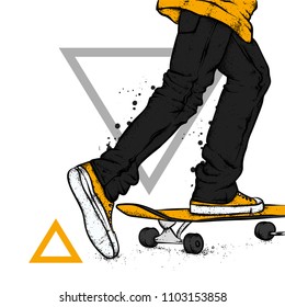 Stylish skater in jeans and sneakers. Skateboard. Vector illustration for a postcard or a poster, print for clothes. Street cultures.