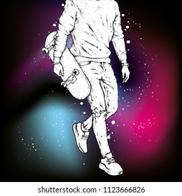 Stylish skater in jeans and sneakers. Skateboard. Vector illustration for a postcard or a poster, print for clothes. Street cultures.