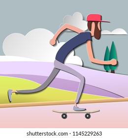 Stylish skater in jeans and sneakers. Skateboard. Vector illustration for a postcard or a poster, print for clothes. Street cultures.