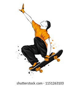 Stylish skater in jeans and sneakers. Skateboard. Vector illustration for a postcard or a poster, print for clothes. Street cultures.