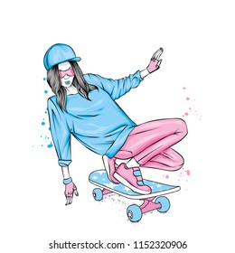 Stylish skater in jeans and sneakers. Skateboard. Vector illustration for a postcard or a poster, print for clothes. Street cultures.