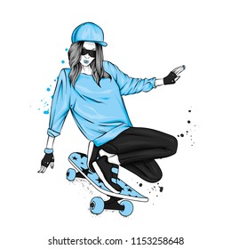 Stylish skater in jeans and sneakers. Skateboard. Vector illustration for a postcard or a poster, print for clothes. Street cultures.
