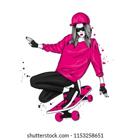 Stylish skater in jeans and sneakers. Skateboard. Vector illustration for a postcard or a poster, print for clothes. Street cultures.