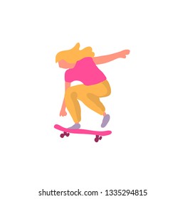 Stylish skater in jeans and sneakers. Skateboard. Vector illustration for a postcard or a poster, print for clothes. Street cultures.