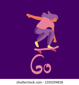 Stylish skater in jeans and sneakers. Skateboard. Vector illustration for a postcard or a poster, print for clothes. Street cultures.