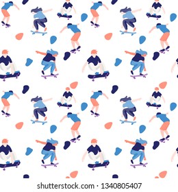 Stylish skater in jeans and sneakers. Skateboard. Vector illustration for a postcard or a poster, print for clothes. Street cultures. Seamless pattern