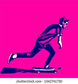 Stylish skater in jeans and sneakers. Skateboard. Vector duotone illustration for a postcard or a poster, print for clothes. Street cultures.