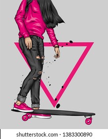 Stylish skater in jeans and sneakers. Skateboard. Vector illustration for a postcard or a poster, print for clothes. Street cultures. Girl.