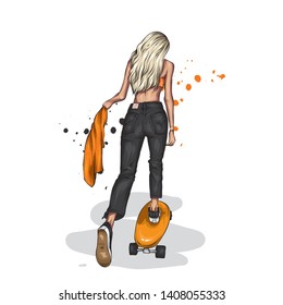 Stylish skater in jeans and sneakers. Skateboard. Vector illustration for a postcard or a poster, print for clothes. Street cultures. Girl.