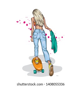 Stylish skater in jeans and sneakers. Skateboard. Vector illustration for a postcard or a poster, print for clothes. Street cultures. Girl.