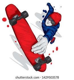 Stylish skater in jeans and sneakers. Skateboard. Vector illustration for a postcard or a poster, print for clothes. Street cultures.