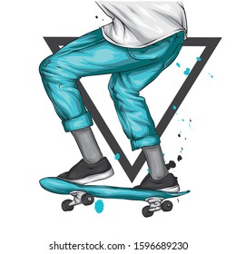 Stylish skater in jeans and sneakers. Skateboard. Vector illustration for a postcard or a poster, print for clothes. Street cultures.