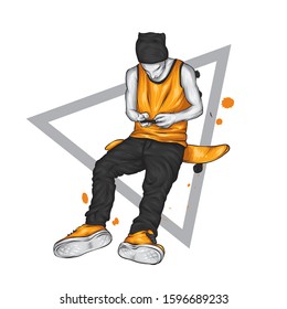 Stylish skater in jeans and sneakers. Skateboard. Vector illustration for a postcard or a poster, print for clothes. Street cultures.