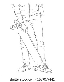 Stylish skater in jeans and sneakers. Skateboard. Vector illustration for a postcard or a poster, print for clothes. Street cultures.