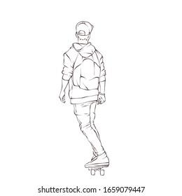 Stylish skater in jeans and sneakers. Skateboard. Vector illustration for a postcard or a poster, print for clothes. Street cultures.