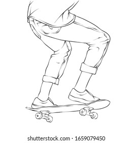 Stylish skater in jeans and sneakers. Skateboard. Vector illustration for a postcard or a poster, print for clothes. Street cultures.