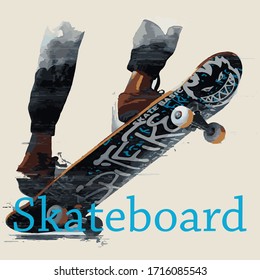 Stylish skater in jeans and sneakers. Skateboard. Vector illustration for a postcard or a poster, print for clothes. Street cultures.