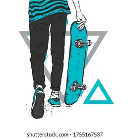 Stylish skater in jeans and sneakers. Skateboard. Vector illustration for a postcard or a poster, print for clothes. Street cultures.