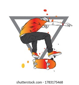 Stylish skater in jeans and sneakers. Skateboard. Vector illustration for a postcard or a poster, print for clothes. Street cultures.