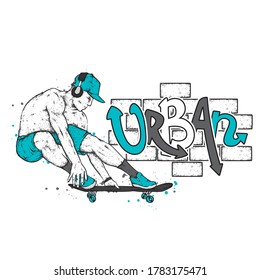 Stylish skater in jeans and sneakers. Skateboard. Vector illustration for a postcard or a poster, print for clothes. Street cultures.