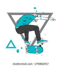 Stylish skater in jeans and sneakers. Skateboard. Vector illustration for a postcard or a poster, print for clothes. Street cultures.