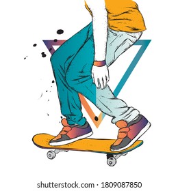 Stylish skater in jeans and sneakers. Skateboard. Vector illustration for a postcard or a poster, print for clothes. Street cultures.