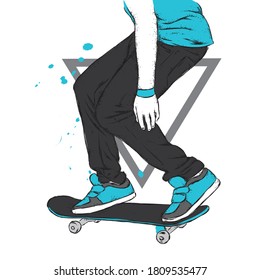 Stylish skater in jeans and sneakers. Skateboard. Vector illustration for a postcard or a poster, print for clothes. Street cultures.