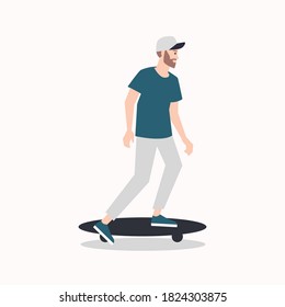Stylish skater in jeans and sneakers. Skateboard. Vector illustration for a postcard or a poster, print for clothes. Street cultures.