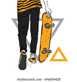 Patinador elegante em jeans e tênis. Skate. Ilustração vetorial para um cartão postal ou um cartaz, impressão para roupas. Culturas de rua.