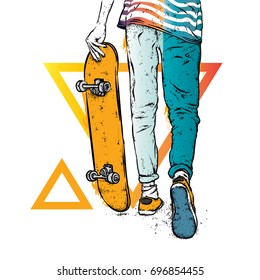 Stylish skater in jeans and sneakers. Skateboard. Vector illustration for a postcard or a poster, print for clothes. Street cultures.