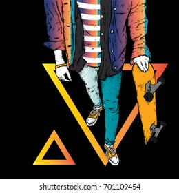 Stylish skater in jeans and sneakers. Skateboard. Vector illustration for a postcard or a poster, print for clothes. Street cultures.