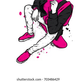 Stylish skater in jeans and sneakers. Skateboard. Vector illustration for a postcard or a poster, print for clothes. Street cultures.