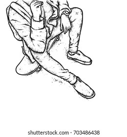 Stylish skater in jeans and sneakers. Skateboard. Vector illustration for a postcard or a poster, print for clothes. Street cultures.