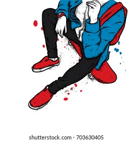 Stylish skater in jeans and sneakers. Skateboard. Vector illustration for a postcard or a poster, print for clothes. Street cultures.