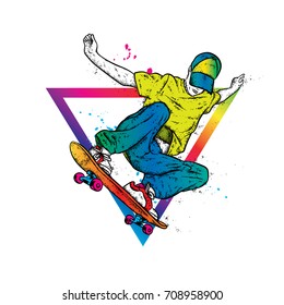 Stylish skater in jeans and sneakers. Skateboard. Vector illustration for a postcard or a poster, print for clothes. Street cultures.