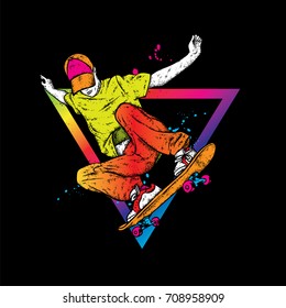 Stylish skater in jeans and sneakers. Skateboard. Vector illustration for a postcard or a poster, print for clothes. Street cultures.