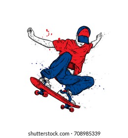 Stylish skater in jeans and sneakers. Skateboard. Vector illustration for a postcard or a poster, print for clothes. Street cultures.