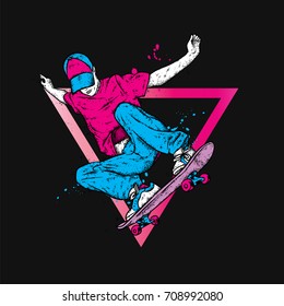 Stylish skater in jeans and sneakers. Skateboard. Vector illustration for a postcard or a poster, print for clothes. Street cultures.