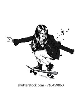 Stylish skater in jeans and sneakers. Skateboard. Vector illustration for a postcard or a poster, print for clothes. Street cultures.