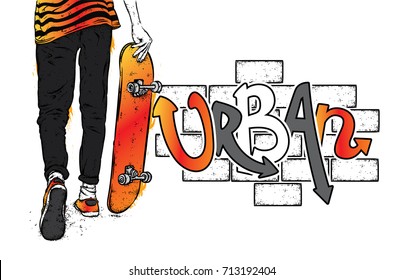 Stylish skater in jeans and sneakers. Skateboard. Vector illustration for a postcard or a poster, print for clothes. Street cultures.