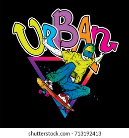 Stylish skater in jeans and sneakers. Skateboard. Vector illustration for a postcard or a poster, print for clothes. Street cultures.